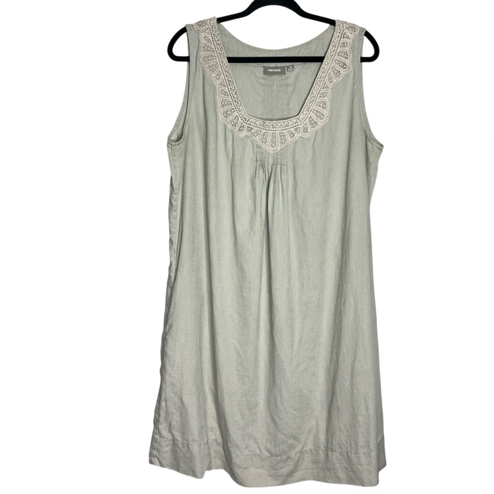 Sussan Linen Dress Sleeveless Pleated Lace Crochet Detail Grey, Size 16